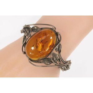 Vintage Sterling Silver Amber and leaves Bangle Bracelet 32.5g
